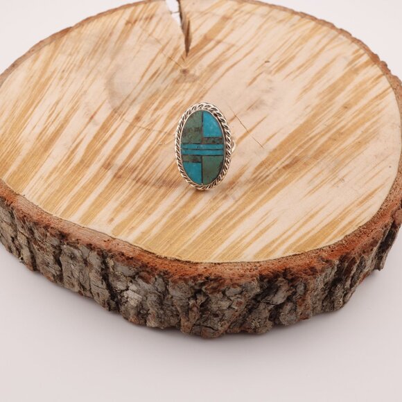 Navajo Sonoran and AZ Blue Turquoise Inlay Ring‎ Signed Handmade NA Sz 8.25US** - Picture 11 of 14